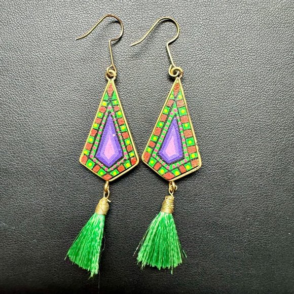 Handmade dual-sided green geometric tassel earrings - Picture 1 of 2
